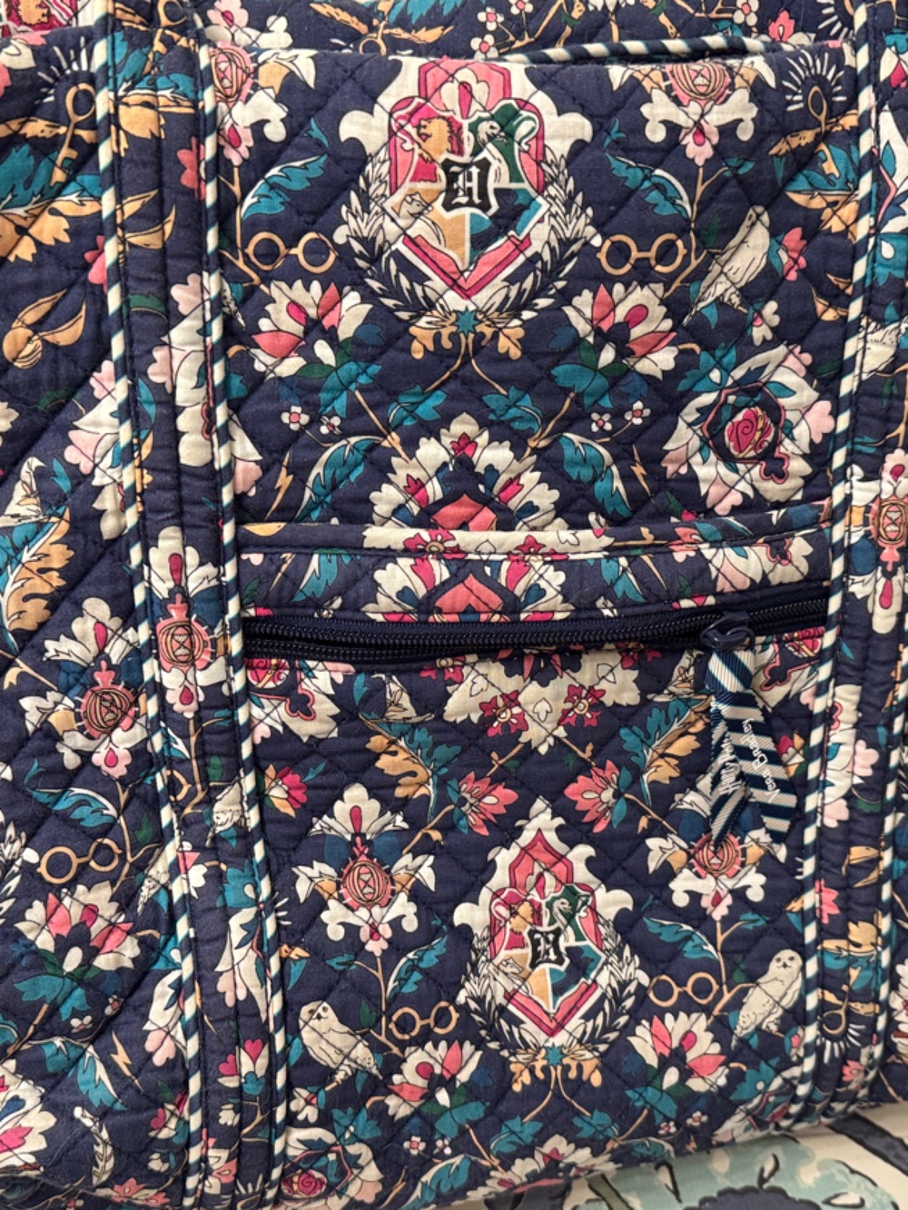 Vera Bradley Navy Quilted Tote with Teal, Pink & Cream Floral Medallions